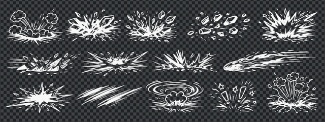 Superhero comic vector boom doodle icons with line speed motion and explosion effect for transparent backgrounds. These doodle superhero effect drawings feel bold and dynamic. © Rina Antipina