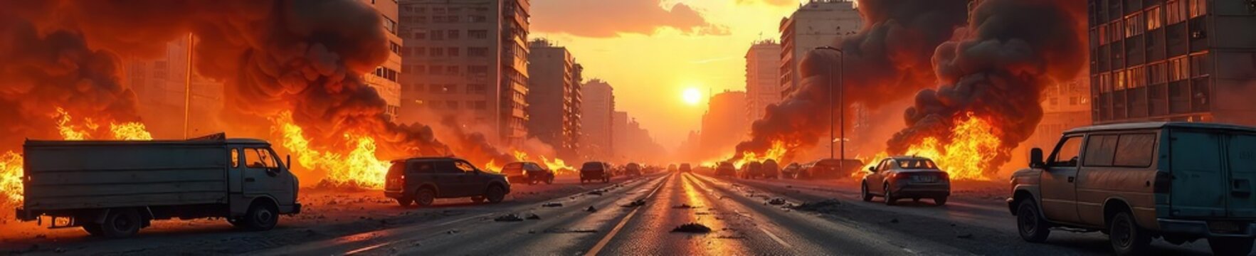 A chaotic scene of overturned vehicles and burning buildings amidst a raging city-wide protest, symbolizing a violent revolution fueled by deep-seated conflict , city, damage