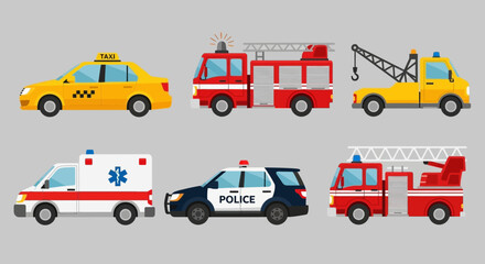 Emergency vehicles including police car, ambulance, and fire trucks. © Abhinaya Project