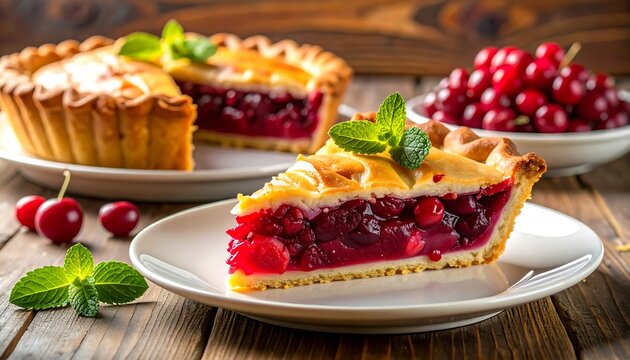 Delicious cherry pie slice & whole pie, garnished with mint, on rustic wooden table next to fresh cherries