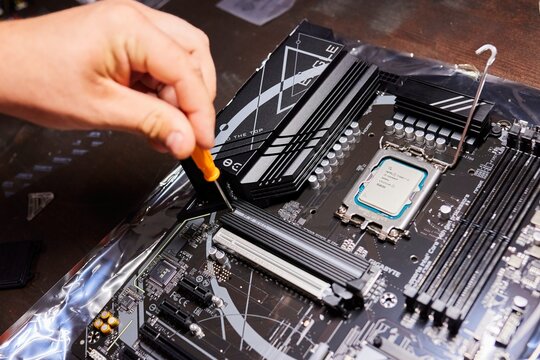 Krasnodar, Russia: August 17, 2025: Gigabyte motherboard with Intel Core i5 processor. Assembling a desktop PC