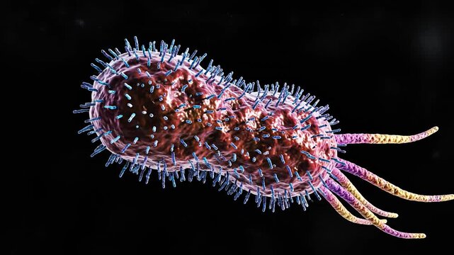 3D illustration of a microscopic bacterium with flagella and pili