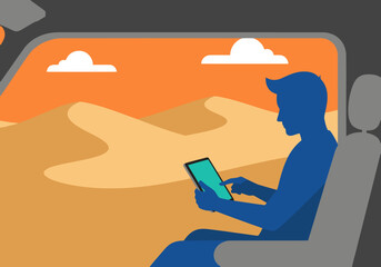 A man uses a tablet in a desert van, gazing at a scenic landscape. Modern, travel, and technology themes. © Vector Factory