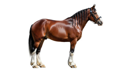 Obraz premium Isolated brown horse with bridle and braided mane standing on a plain surface in studio