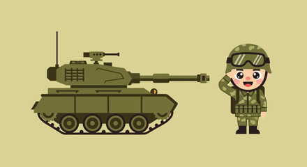Obraz premium Cartoon soldier saluting a tank in military uniform and helmet.