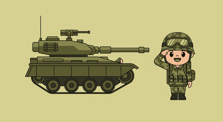 Obraz premium Cute cartoon soldier saluting next to a tank.