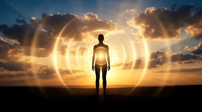 Person Silhouette Projecting Glowing Concentric Energy Waves At Sunrise