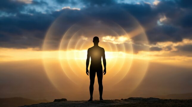Silhouette Standing On Peak Radiating Glowing Energy Frequencies