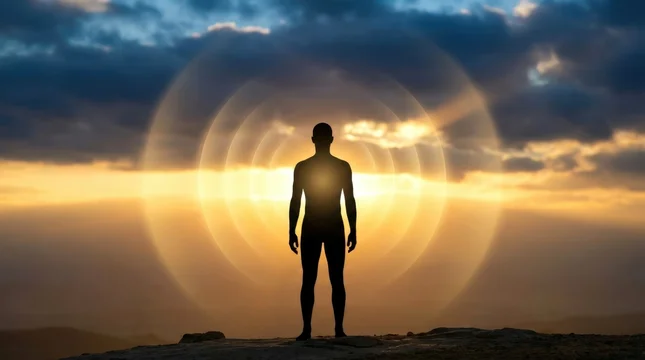 Silhouette Standing On Peak Radiating Glowing Energy Frequencies