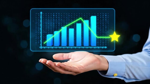 Businessman Holding Glowing Digital Bar Chart with Rising Growth and Gold Star, Financial Success and Business Performance Concept, Investment Profit and Stock Market Growth Strategy Background