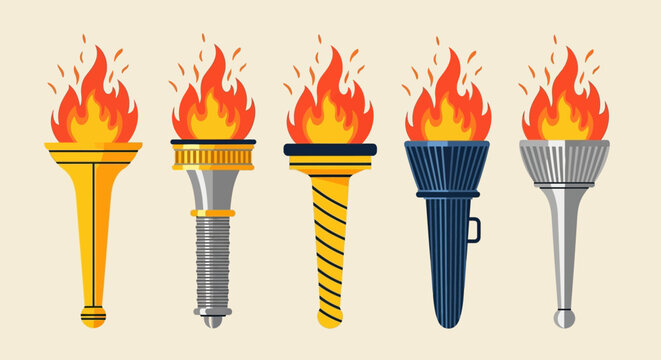 Collection of colorful torches with burning flames in various designs.
