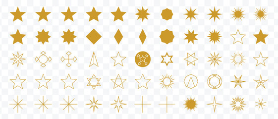 Golden Star and Sunburst Vector Set. Shiny Celestial Icons for Holiday, Awards, and Design Elements