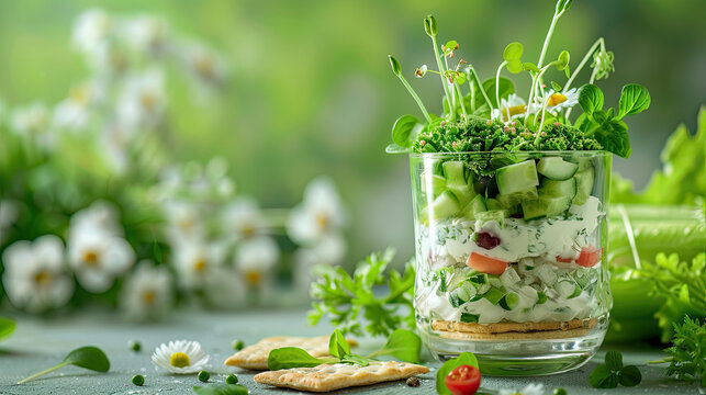 Appetizing snack assembly with texture-rich bread and leafy garnish. space for text. Generative AI