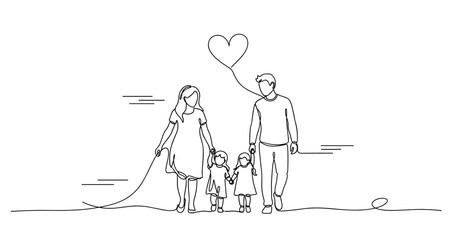 Obraz premium Continuous line drawing of caucasian family with two children and heart connection. None editable stroke
