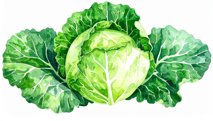 Obraz premium Cabbage in hand-drawn watercolor style, bright and cheerful green hues, isolated white background
