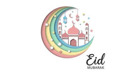 Obraz premium Vibrant Eid Mubarak celebration with colorful crescent moon and mosque