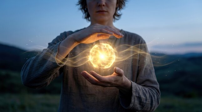 Person Holding Glowing Magical Energy Sphere In Nature Landscape