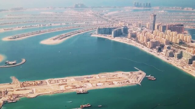 Aerial drone view of Palm Jumeirah and Dubai Marina, United Arab Emirates, on a sunny clear day &ndash; 15 March 2026 &ndash; luxury skyline, turquoise water, modern waterfront architecture.