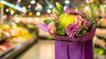 Vibrant Flower Bouquet in Purple Gift Bag Amidst Blurred Grocery Store Aisle