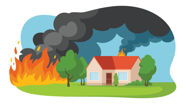 wildfire disaster near residential house burning forest with smoke environmental danger climate change emergency flat vector illustration
