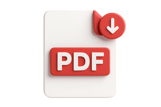 White paper document with red pdf text and download arrow 3d render icon isolated on a transparent background