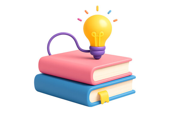 Light bulb glowing on top of a stack of books representing education creativity and knowledge isolated on a transparent background