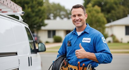 Fototapeta premium A smiling electrician stands proudly beside his white van. He is wearing a blue work uniform with the HPCANDER logo.
