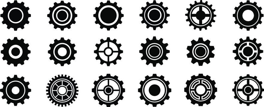 Collection of 16 black gear icons on white background