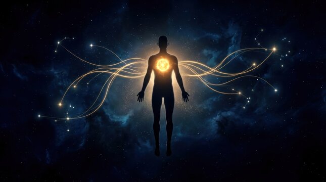 Cosmic Human Silhouette Emitting Glowing Energy in Nebula