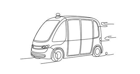 Autonomous shuttle vehicle traveling on city road in motion. No editable stroke