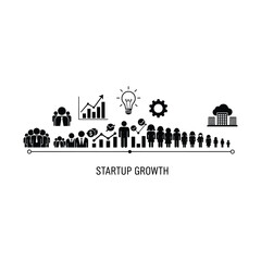 Naklejka premium Black and white vector illustration depicting the timeline and stages of startup growth, showing icons for team, ideas, processes, and company expansion.