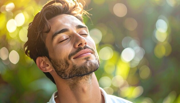 Man Relaxing Outdoors with Eyes Closed Serene.