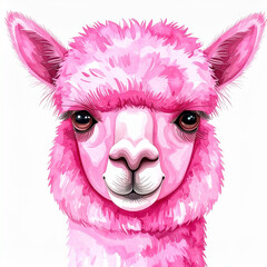 Fototapeta premium Cute pink llama face watercolor painting, hand-drawn, isolated white, funny and cheerful animal character