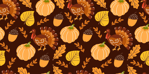 Pumpkin pattern harvest seamless halloween leaf fall thanksgiving print and acorn autumn background illustration with decorative floral vine and gingham details. Cozy cottagecore or vintage © alia.kurianova