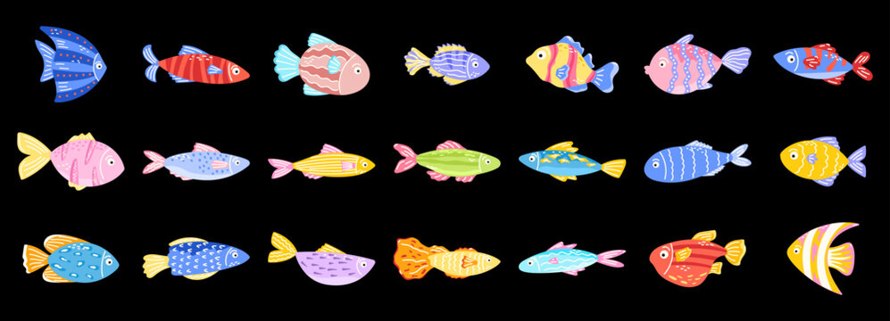 Fish kawaii set with cute children swordfish and underwater aquarium reef. Sea clipart eel with hook puffer squid and vector animal fauna. Illustration ocean fish with chest childlike cute.