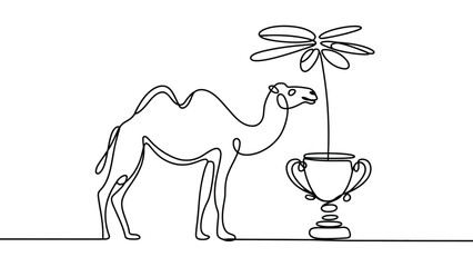 minimal line art illustration of camel with trophy and palm tree desert concept continuous line drawing simple outline vector design for travel culture award theme © Mushtaq