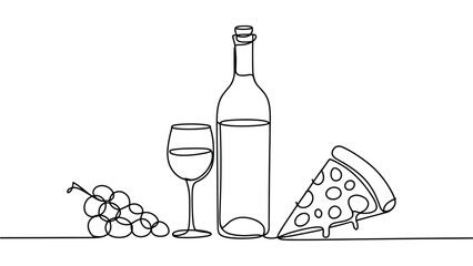 Naklejka premium minimal line art illustration of wine bottle glass grapes and cheese slice on table elegant winery still life food and drink outline design for menu restaurant or packaging