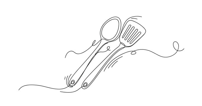 Minimalist continuous line art of kitchen utensils: spoon and spatula design. None editable stroke