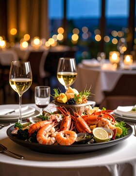 Luxurious Seafood Platter with Wine at Romantic Dinner
