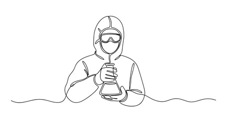 Outline of a scientist in hazmat suit holding flask. no editable stroke