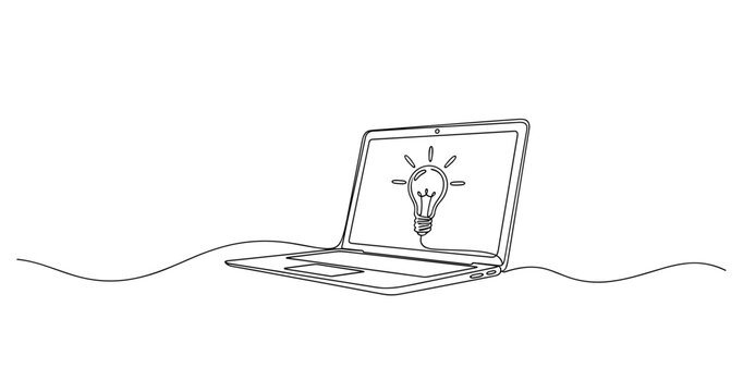 Minimalistic line art: laptop with lightbulb idea symbol on screen. no editable stroke