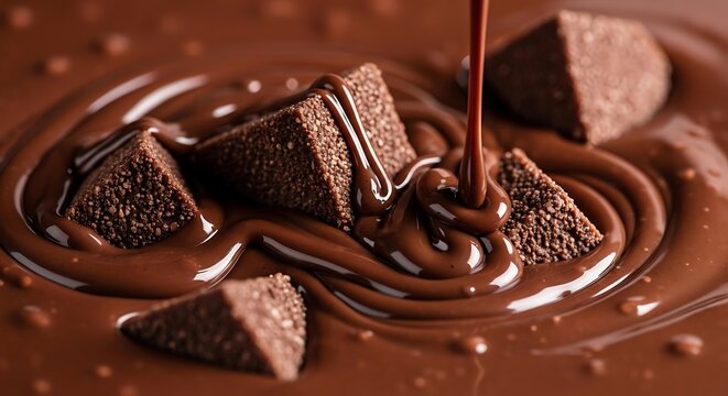 chocolate pouring on brown fudge pieces