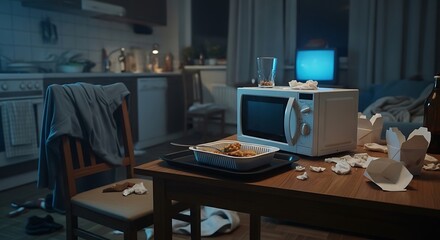 Fototapeta premium messy kitchen table with microwave and food
