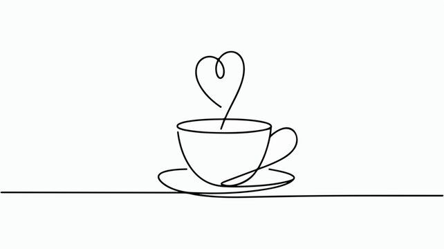 Minimalist line art illustration of a teacup with heart steam on a saucer simple black line drawing on white background