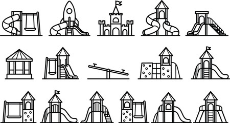 Playground equipment icon set featuring slides swings seesaws rocket ships and castle towers for park design school recreation and childhood © Jannatun