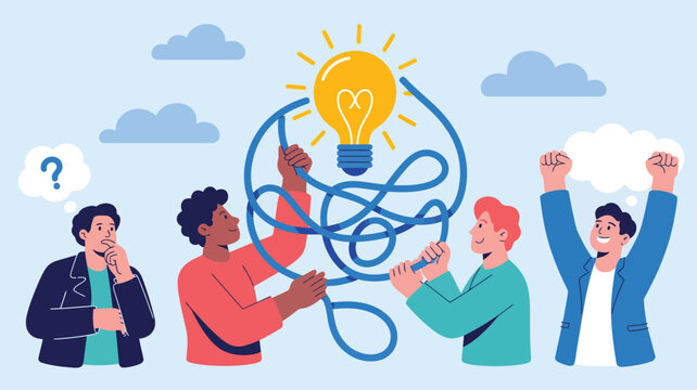 creative problem solving and teamwork concept with people untangling messy ideas into bright light bulb solution collaboration flat vector illustration