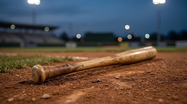 Baseball bat on dirt field at night. Batting practice or game concept for sports themed content and athletic advertising.