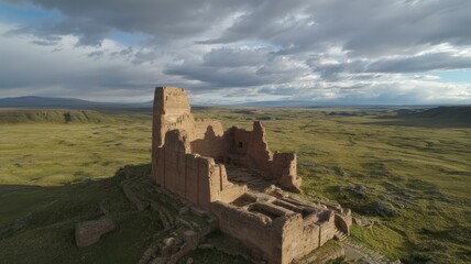 Obraz premium Ruined Castle on Hilltop with Cloudy Sky.
