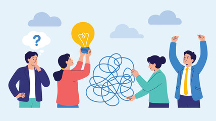 problem solving and idea generation concept with team untangling messy thoughts into bright light bulb solution teamwork creativity flat vector illustration © Mushtaq