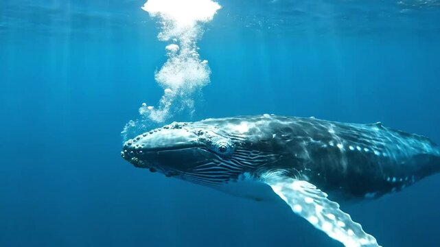 Majestic humpback whale surfacing gracefully from the deep blue ocean depths, exhaling a large plume of bubbly air in motion video footage